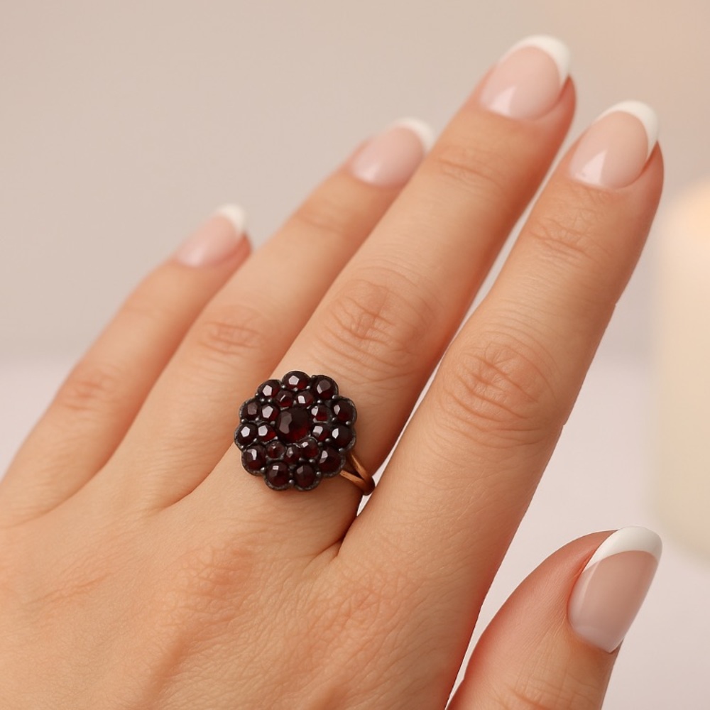 Antique 14k Gold & Silver-Topped Bohemian Garnet Cluster Ring - Picture 11 of 11
